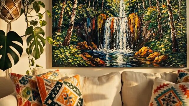 Cozy Living Room with Vibrant Waterfall Painting