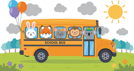 Cute Animal Characters Riding a Yellow School Bus with Balloons and Smiling Sun, Concept of Back-to-School Joy, Preschool Education, Playful Learning, and Safe Student Transport Vector Illustration © Shilpi