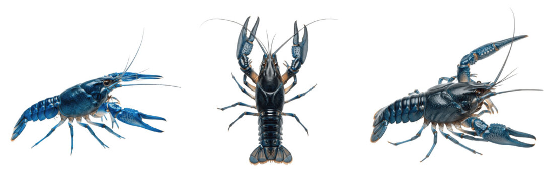 Electric blue crayfish Procambarus alleni isolated on white background, freshwater tropical ornamental aquarium crustacean vibrant blue tank species cutout image