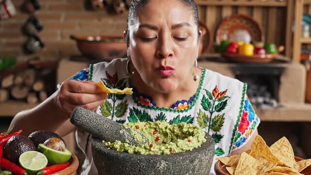 Joyful Woman in Traditional Mexican Blouse Savoring Fresh Guacamole and Tortilla Chips in an Authentic Rustic Kitchen Setting, Celebrating Authenti...