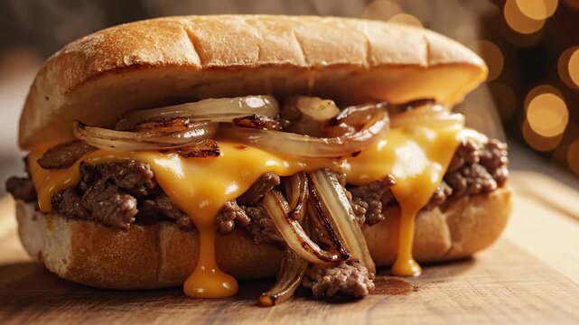 Mouthwatering Steak and Cheese Sandwich with Dripping Melted Cheese, Caramelized Onions, and Juicy Beef on a Toasted Roll, Appetizing Close-up