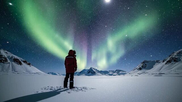 Solo explorer marvels at the vibrant Aurora Borealis illuminating a vast, snow-covered Arctic valley under a star-studded night sky