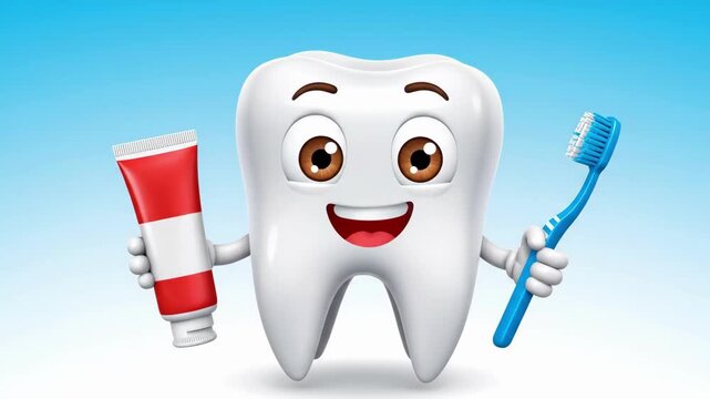 Cartoon Dental Tools With Sparkle. Playful Illustration Of Smiling Tooth With Cleaning Supplies. Cheerful Cartoon Tooth Holding Toothbrush And Toothpaste With Star Accents Indicating Freshness.