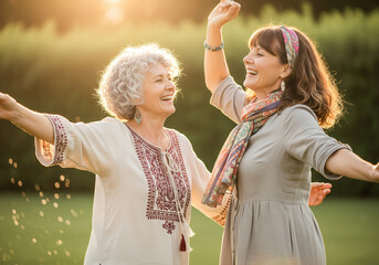 Fototapeta premium A beautiful middle aged woman dancing in the sunshine in the nature.