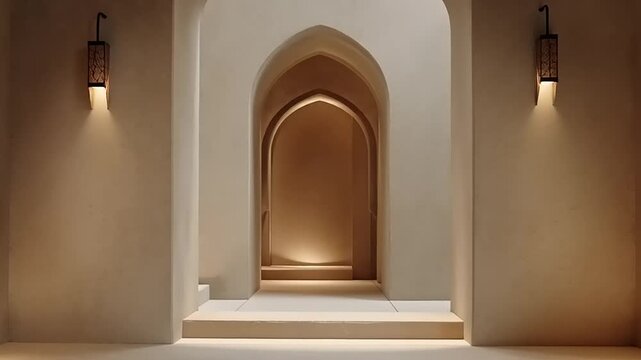 Serene Moroccan Riad interior with minimalist traditional architecture and soft lighting