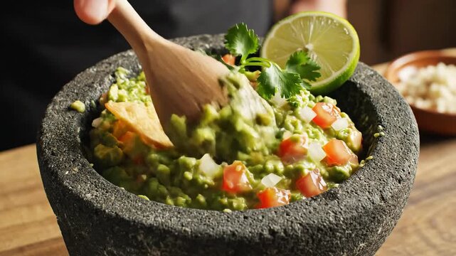 Freshly prepared guacamole in a traditional molcajete with a wooden spoon, garnished with lime and cilantro, showcasing authentic Mexican cuisine.