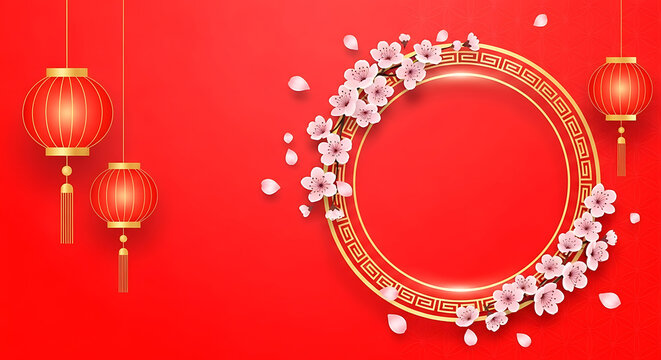 Chinese New Year Background with Red Lanterns and Round Frame Ornament Design