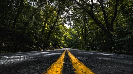 Fototapeta premium Empty asphalt road winding through a dense green forest with sunlight
