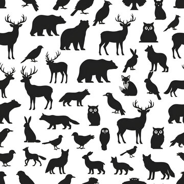 Seamless Pattern of Diverse Forest Animal Silhouettes on White Background 1.