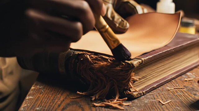 Close-up of Artisan Restoring Antique Leather Book Spine with Tools and Adhesive in Workshop
