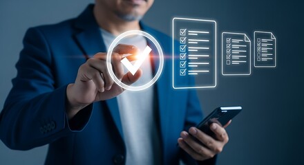 Businessman Selecting Completed Task on Virtual Checklist