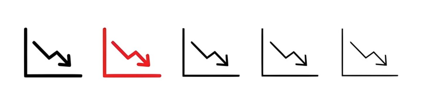 Arrow trend-down line icon set. Down trend chart arrow vector sign. Negative bar graph icon. Decrease or drop in cost sign for UI designs. Thin line customizable illustration. Contour symbol. Vector 