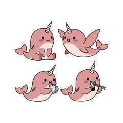 Cartoon narwhals with different emotions and actions in a playful style © Tahmina