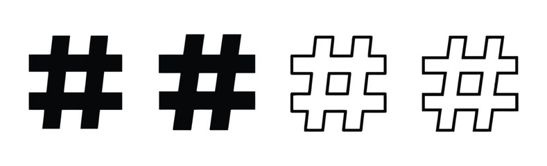 Obraz premium Four hashtag symbols in solid black and outline styles for social media and tagging