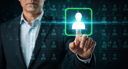 Businessman selecting candidate on virtual human resources interface