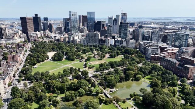 Christopher Columbus Park in Boston. A sunny summer day with the Boston skyline. Massachusetts, USA.