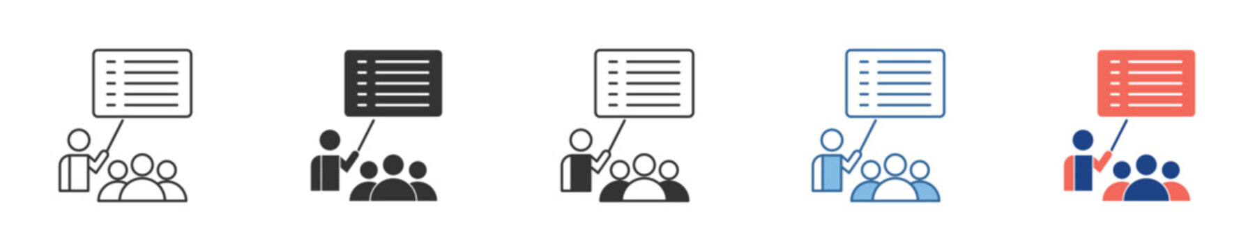 Set of icons illustrating a speaker delivering a presentation or lecture to a small group, symbolizing business meetings, training, and educational communication