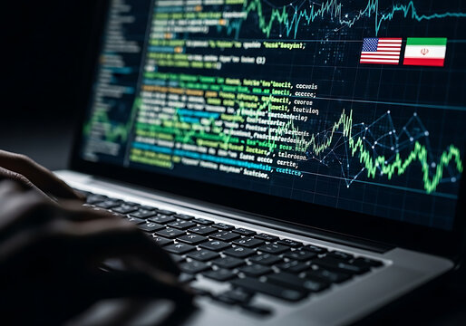 Cyber Warfare and Data Breach | US and Iran Flags on Hacker's Interface with Code and Digital Network