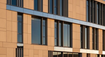Obraz premium Modern building with reflective windows and blue sky in the background