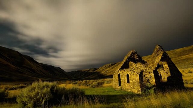 Abandoned Stone Structure in Serene Valley Under Dramatic Sky