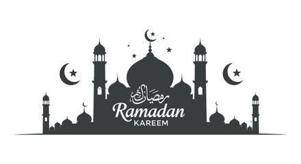 A striking black silhouette depicts a mosque with crescent moons and the arabic calligraphy for ramadan kareem © Kuntol02