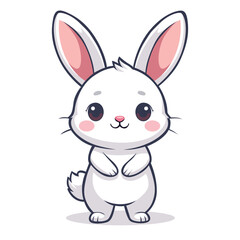 Obraz premium A cute, cartoon-style white bunny with long ears and rosy cheeks stands with its paws together, conveying an innocent and playful mood against a clean white background