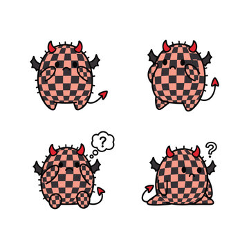 Cute cartoon devil character with checkered pattern in different poses and expressions