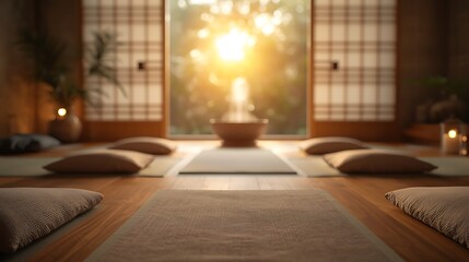 Fototapeta premium AI Generative Serene Meditation Room with Warm Sunset Light and Traditional Decor