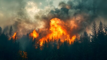 Naklejka premium A catastrophic wildfire raging through a dense forest with thick plumes of smoke filling the sky