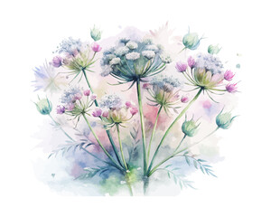 Obraz premium Queen Anne’s Lace Watercolor Bloom, Rustic Wildflower Botanical Illustration Isolated on White
