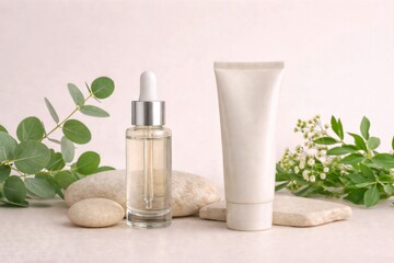 Minimal skincare packaging mockup with a tall serum dropper bottle and a cream tube on soft pastel background with green botanical props