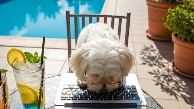 Adorable white Maltese dog sleeping comfortably on a laptop next to a refreshing cocktail by the poolside on a sunny day.