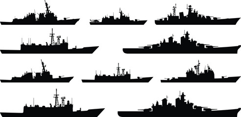 Warship silhouettes collection featuring modern naval destroyers and military vessels isolated on white background, black vector illustration set for navy, maritime defense design © parves's world