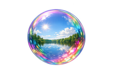 Fototapeta premium Soap bubble capturing a serene lake landscape with green trees, bright blue sky, sunny clouds, and water reflection, transparent background