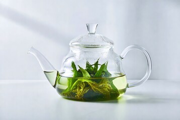 Modern Elegant Glass Teapot with Green Herbal Tea: Pure Translucent Brew in a Minimalist Home Kitchen Setting