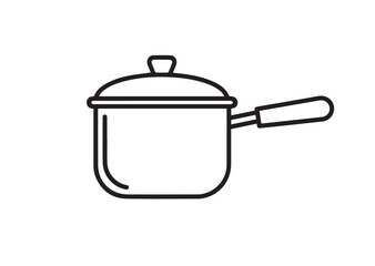 Cooking Pot Line Icon, Saucepan with Lid Outline Vector, Minimal Kitchen Utensil Symbol, Clean Black Stroke, Isolated on White Background, Flat Line Style