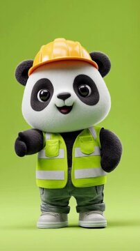 Cute 3D Construction Worker Character Warning Pointing Gesture Green Screen Loop