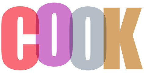 Vibrant and modern graphic design spells out the word 'cook' with bold, overlapping letters in a captivating color palette of red, purple, gray, and brown, set against a sleek black background