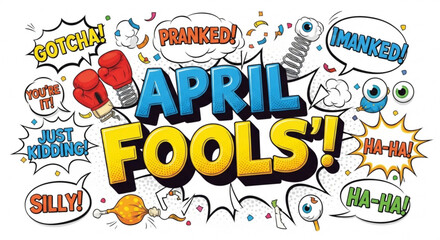 Fototapeta premium Colorful april fools' day comic illustrations with speech bubbles and prank words