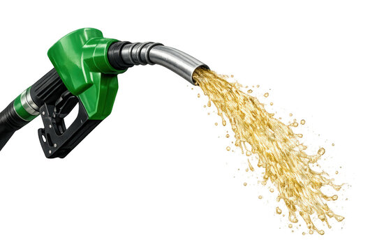Green fuel pump nozzle pouring gasoline with a liquid splash, filling up a vehicle, energy crisis, transparent background
