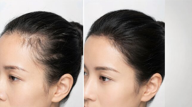Asian woman showcasing hair restoration results with before and after images, highlighting the effectiveness of trichology treatments for alopecia and hair loss solutions