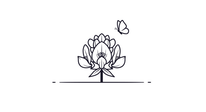 Lotus flower with butterfly in minimal line art