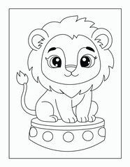 Cute baby lioness sitting on a circus pedestal, coloring page for kids. © ZANNATUL