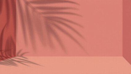 Fototapeta premium Coral studio with overlapping palm leaf shadows, soft lighting