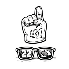 Hand-drawn foam finger with sunglasses illustration in black and white sketch style, symbolizing sports fan excitement and game day spirit isolated on white background.