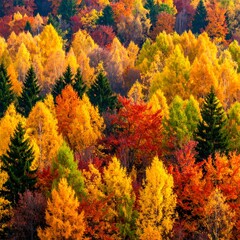 A dense forest with vibrant autumn colors