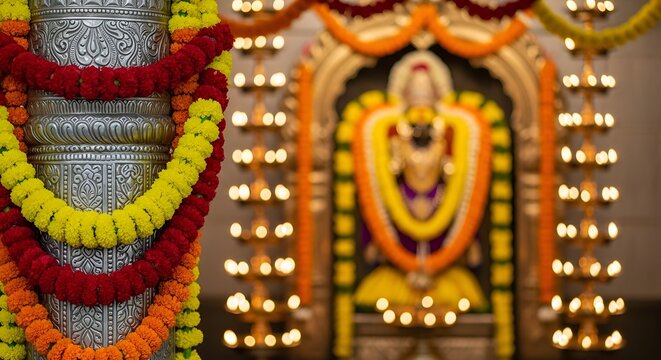 Traditional Indian floral garland toran made of marigold or zendu flower decorated temple or home. Happy Diwali festival, Pongal or Gudi Padwa. Decoration for Indian hindu holidays, wedding 