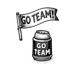 Hand-drawn team pennant flags illustration in vintage black and white sketch style representing sports team spirit isolated on white.
