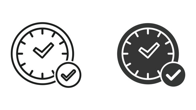 Clock icons with checkmarks, symbolizing time management, deadlines, and punctuality, in outline and solid fill