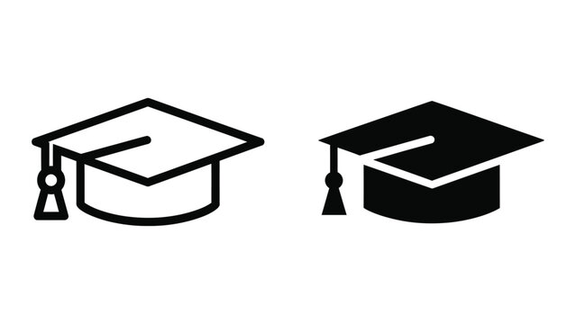 Graduation Cap Outline and Solid Icon Vector for Academic Achievement Symbols